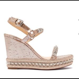 Louboutin Cork Ivory Gold Studs Wedges 40 9.5 exc